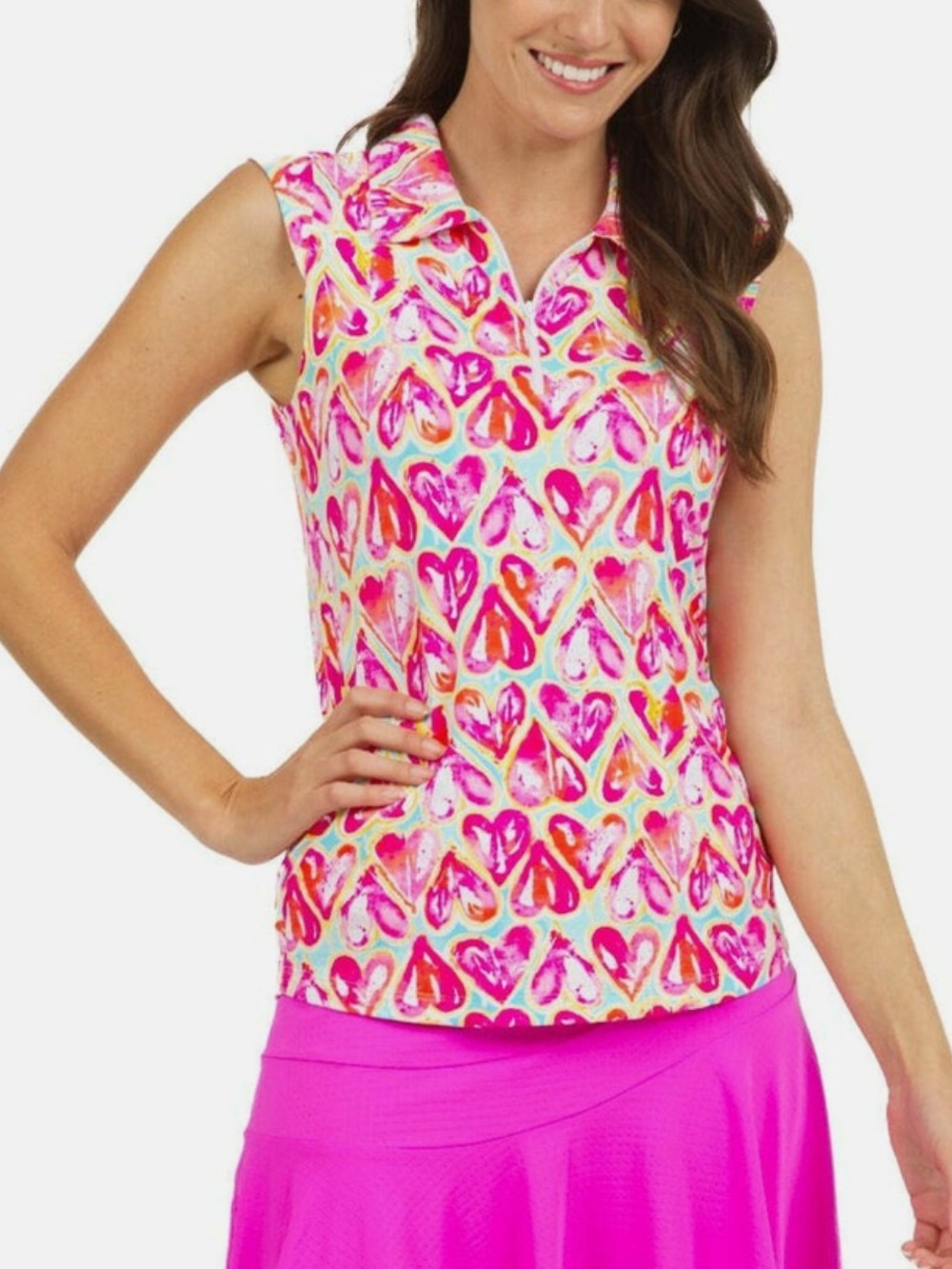 IBKUL Audrey Sleeveless Polo Top Size Small Heart Print Golf Tennis Pickleball